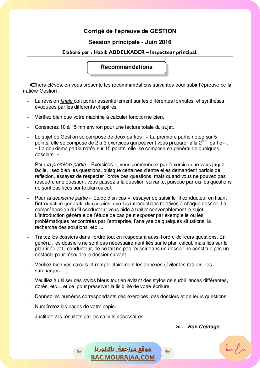 Corrigé principale gestion Bac 2016 – Section eco